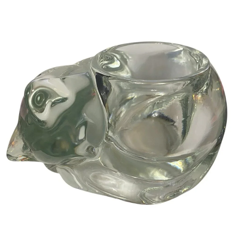 VTG Indiana Glass Sleeping Cat Tealight Candle Holder Votive Clear Heavy Glass
